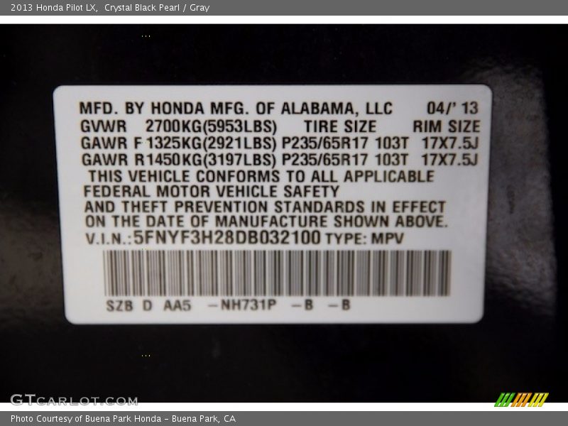 Crystal Black Pearl / Gray 2013 Honda Pilot LX