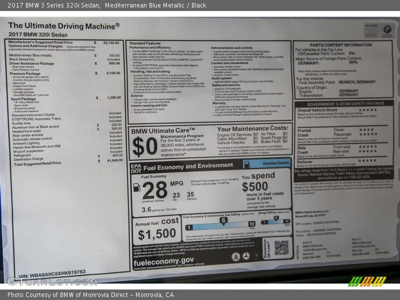  2017 3 Series 320i Sedan Window Sticker