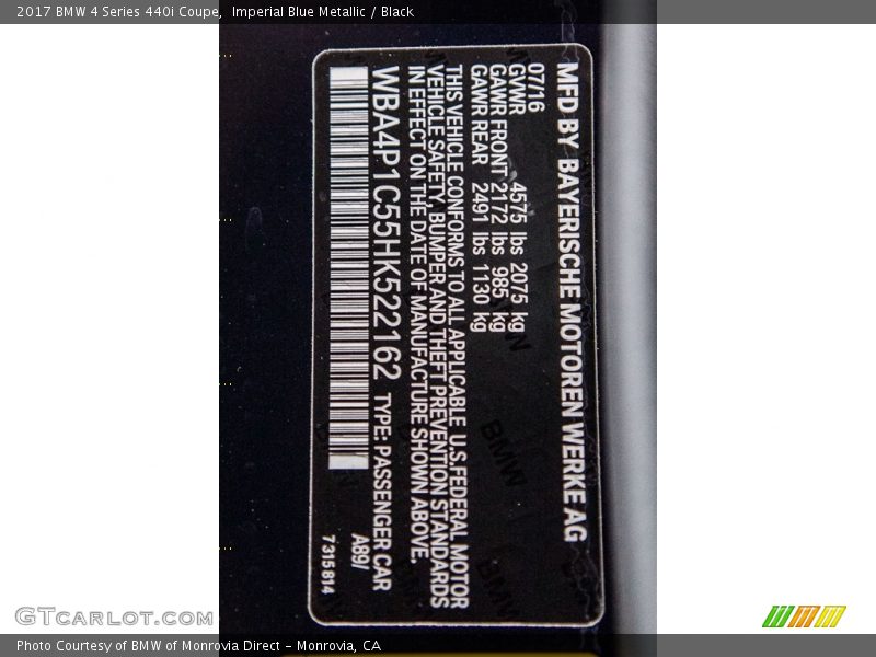 2017 4 Series 440i Coupe Imperial Blue Metallic Color Code A89