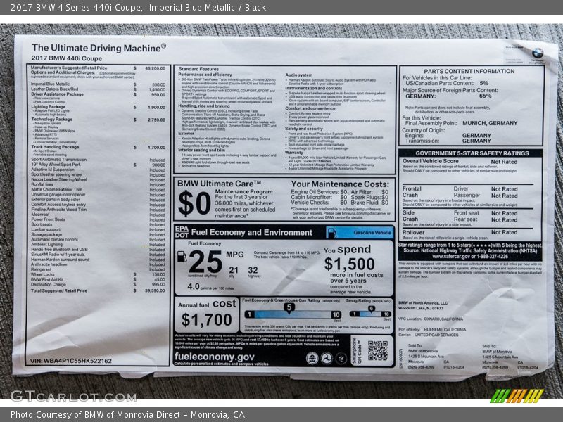  2017 4 Series 440i Coupe Window Sticker