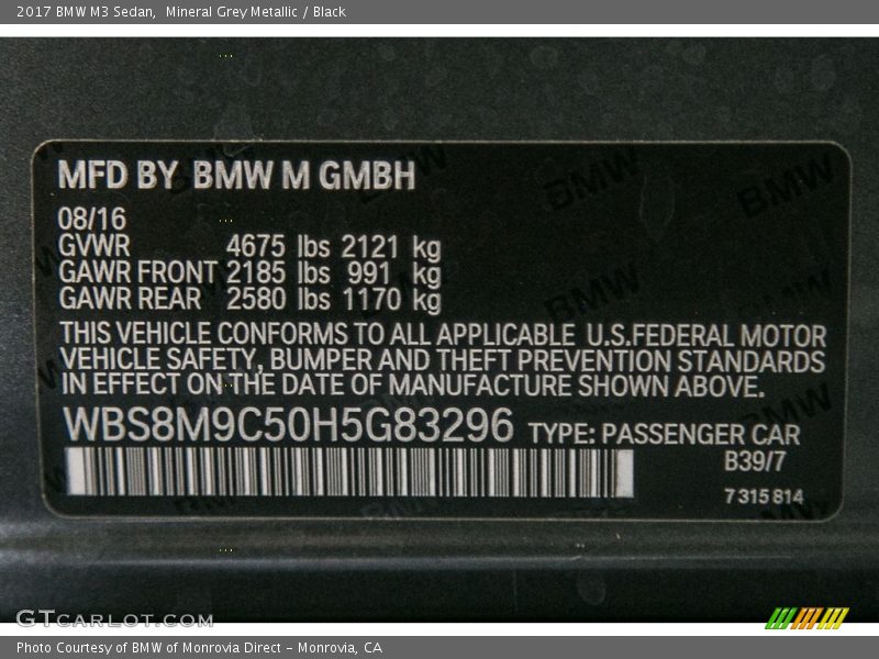 2017 M3 Sedan Mineral Grey Metallic Color Code B39