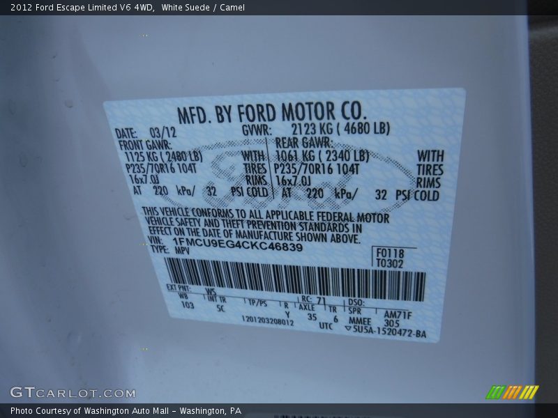 White Suede / Camel 2012 Ford Escape Limited V6 4WD