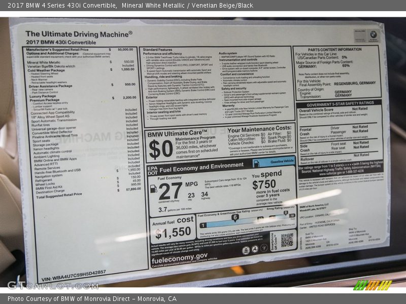  2017 4 Series 430i Convertible Window Sticker