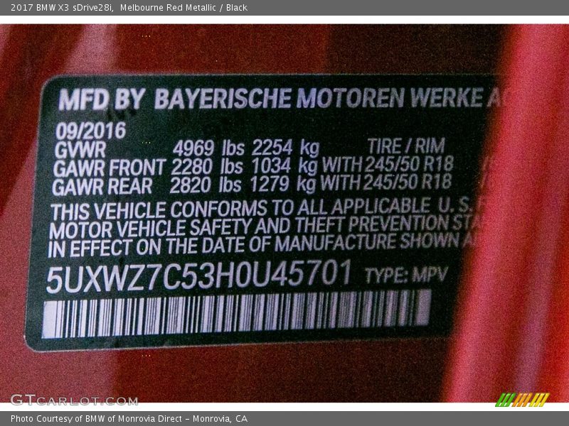 Melbourne Red Metallic / Black 2017 BMW X3 sDrive28i