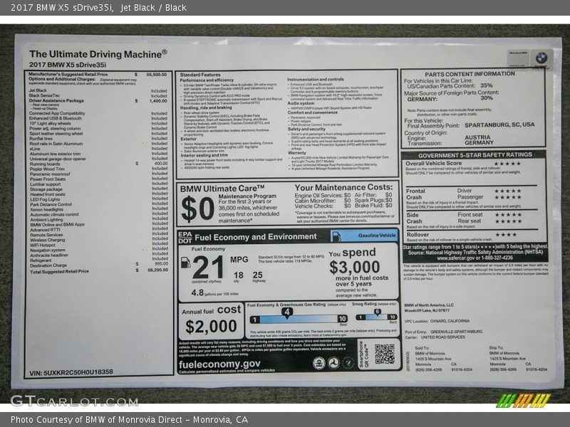  2017 X5 sDrive35i Window Sticker