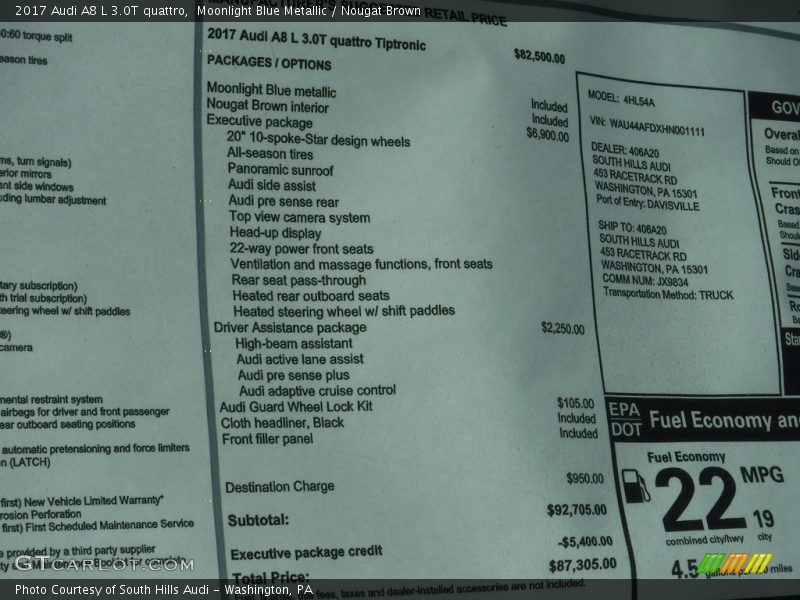  2017 A8 L 3.0T quattro Window Sticker