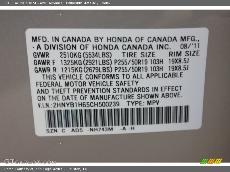 2012 ZDX SH-AWD Advance Palladium Metallic Color Code NH743M