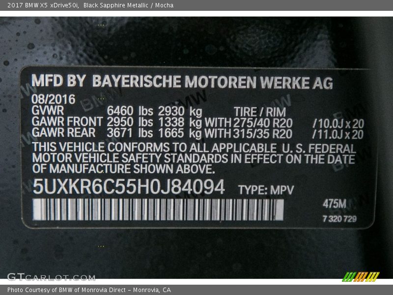 2017 X5 xDrive50i Black Sapphire Metallic Color Code 475M
