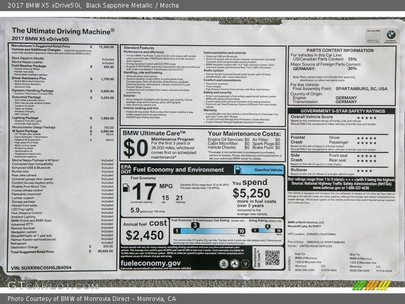  2017 X5 xDrive50i Window Sticker