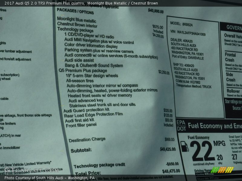 Moonlight Blue Metallic / Chestnut Brown 2017 Audi Q5 2.0 TFSI Premium Plus quattro