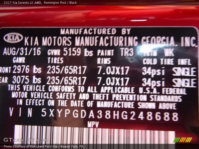 2017 Sorento LX AWD Remington Red Color Code TR3