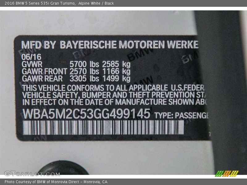 Alpine White / Black 2016 BMW 5 Series 535i Gran Turismo