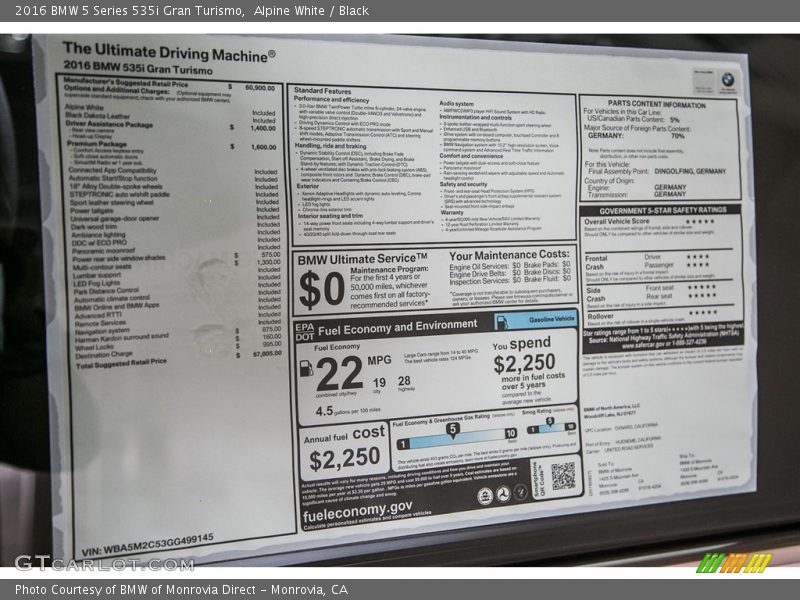Alpine White / Black 2016 BMW 5 Series 535i Gran Turismo