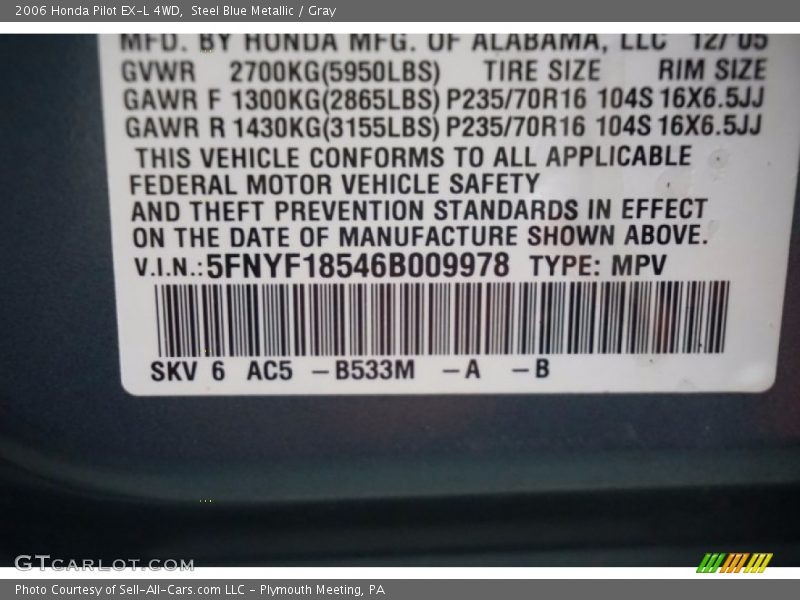 Steel Blue Metallic / Gray 2006 Honda Pilot EX-L 4WD