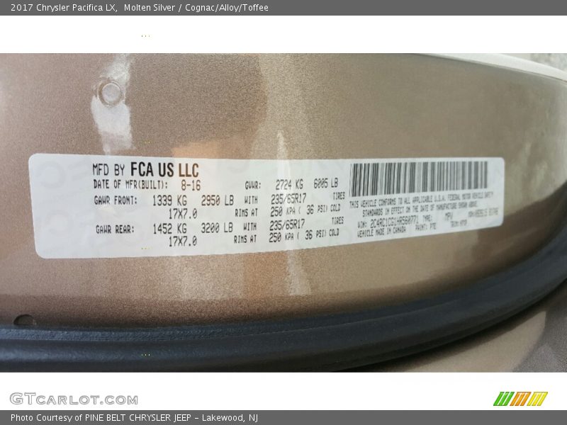 Molten Silver / Cognac/Alloy/Toffee 2017 Chrysler Pacifica LX