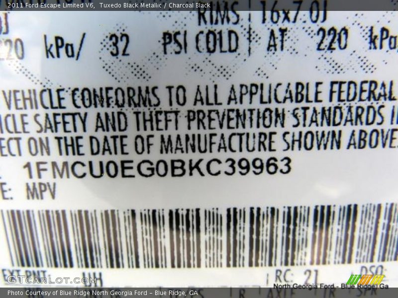 Tuxedo Black Metallic / Charcoal Black 2011 Ford Escape Limited V6