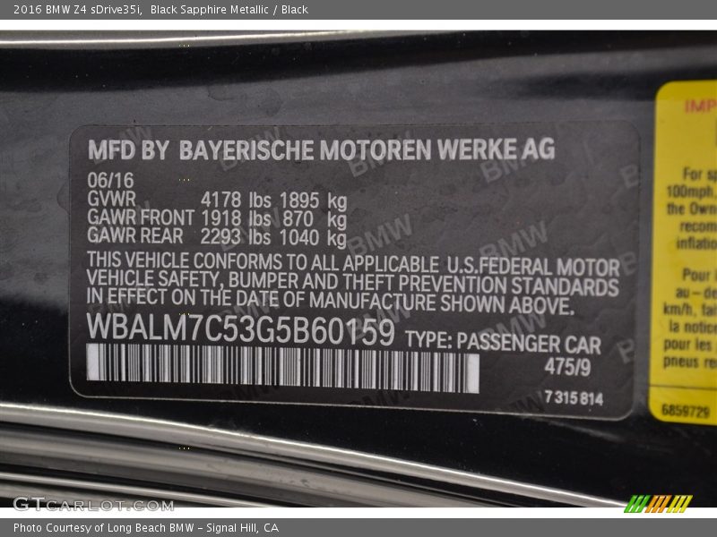 2016 Z4 sDrive35i Black Sapphire Metallic Color Code 475