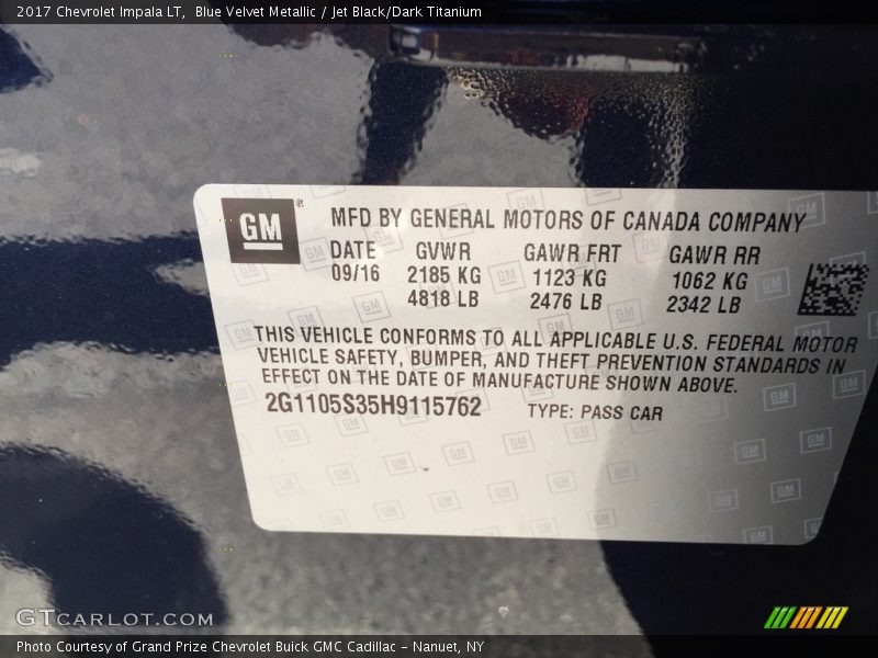 Blue Velvet Metallic / Jet Black/Dark Titanium 2017 Chevrolet Impala LT