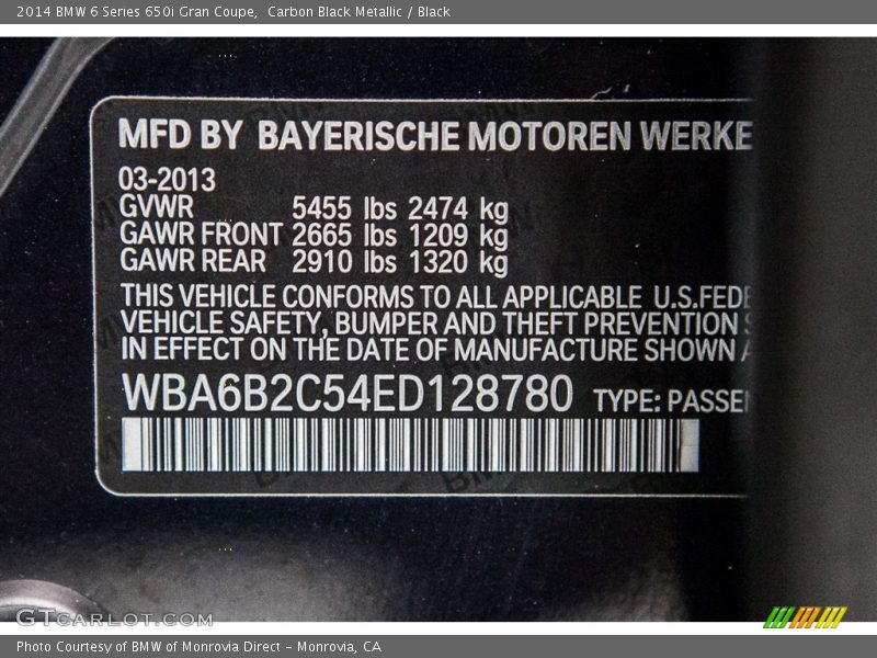 Carbon Black Metallic / Black 2014 BMW 6 Series 650i Gran Coupe