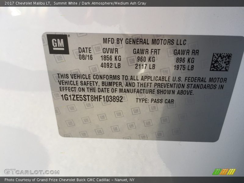 Summit White / Dark Atmosphere/Medium Ash Gray 2017 Chevrolet Malibu LT