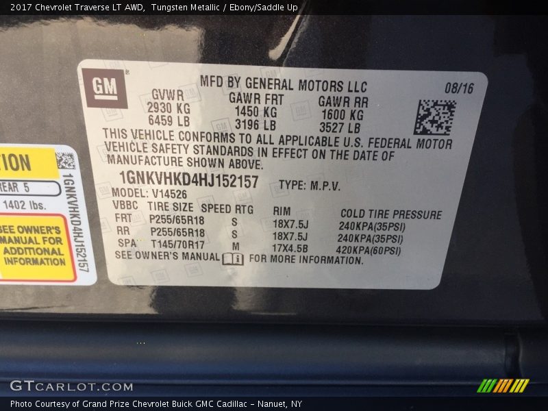 Tungsten Metallic / Ebony/Saddle Up 2017 Chevrolet Traverse LT AWD