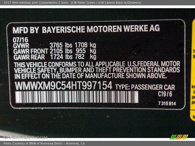 2017 Hardtop John Cooperworks 2 Door JCW Rebel Green Color Code C19