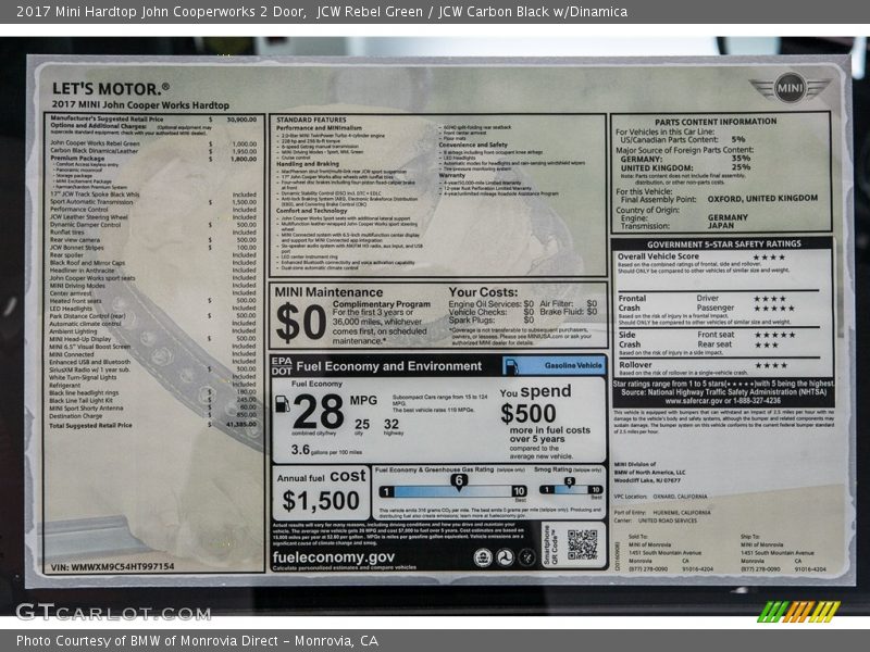  2017 Hardtop John Cooperworks 2 Door Window Sticker