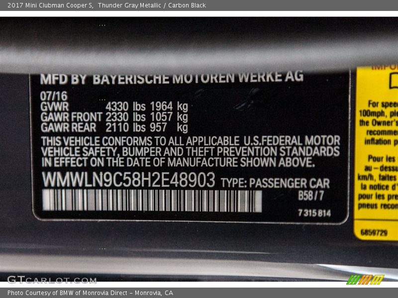 Thunder Gray Metallic / Carbon Black 2017 Mini Clubman Cooper S