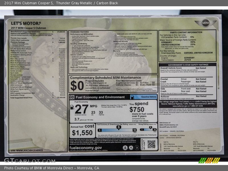 Thunder Gray Metallic / Carbon Black 2017 Mini Clubman Cooper S