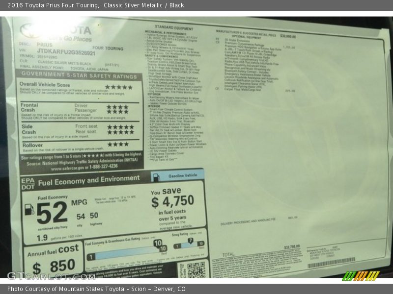 Classic Silver Metallic / Black 2016 Toyota Prius Four Touring