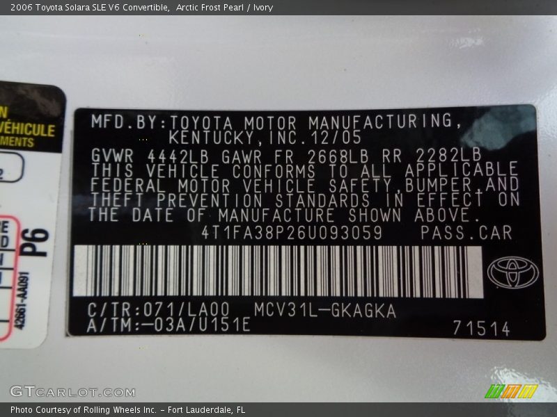 Arctic Frost Pearl / Ivory 2006 Toyota Solara SLE V6 Convertible