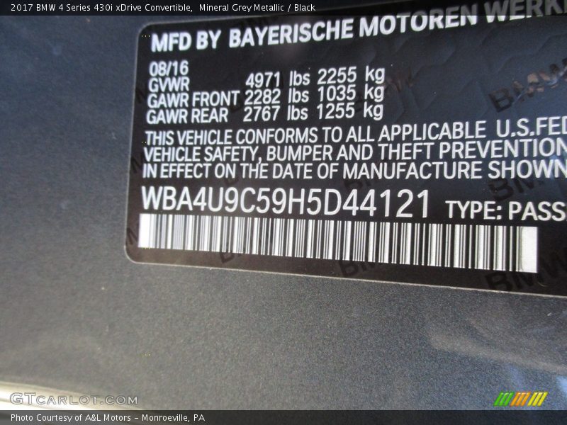 Mineral Grey Metallic / Black 2017 BMW 4 Series 430i xDrive Convertible