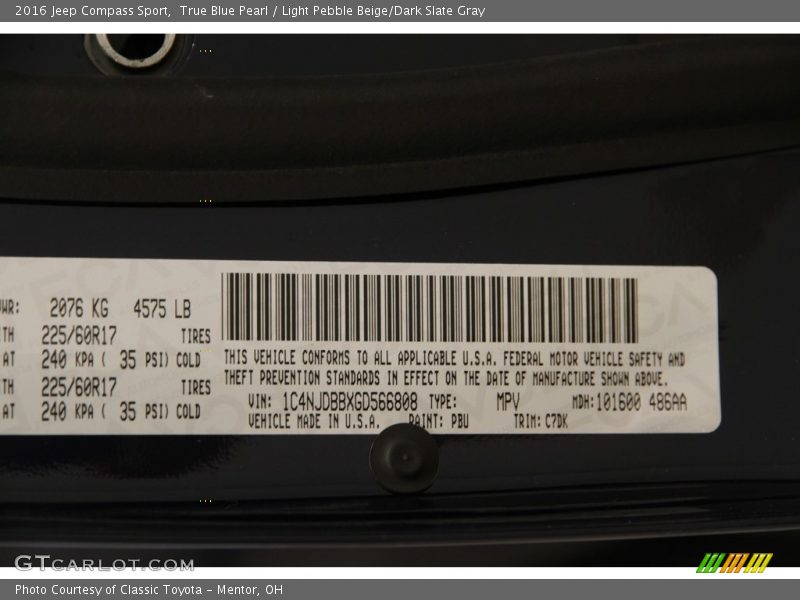 True Blue Pearl / Light Pebble Beige/Dark Slate Gray 2016 Jeep Compass Sport