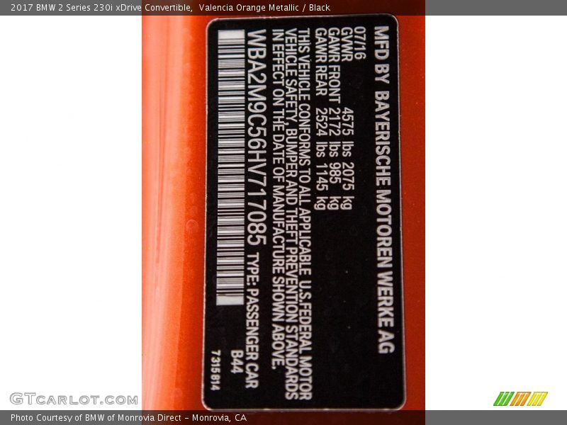 2017 2 Series 230i xDrive Convertible Valencia Orange Metallic Color Code B44