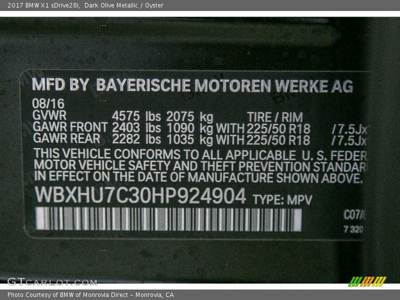 2017 X1 sDrive28i Dark Olive Metallic Color Code C07