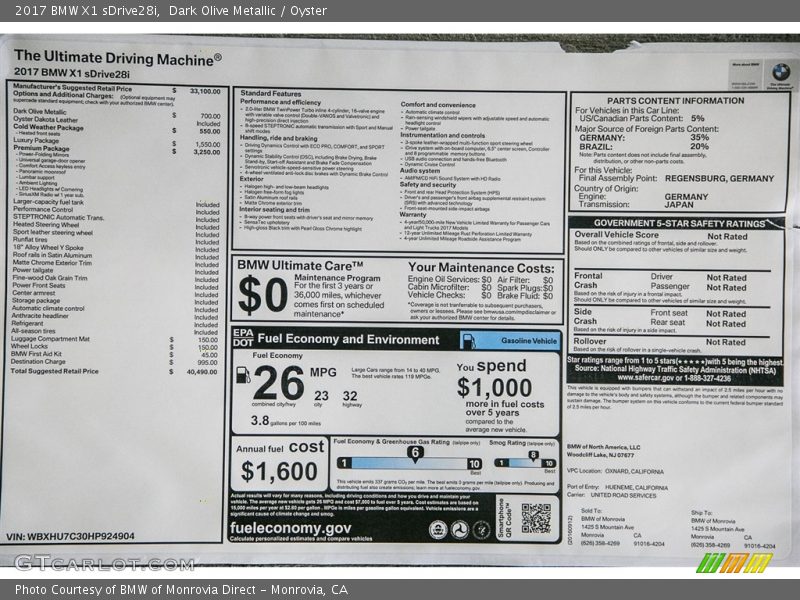  2017 X1 sDrive28i Window Sticker