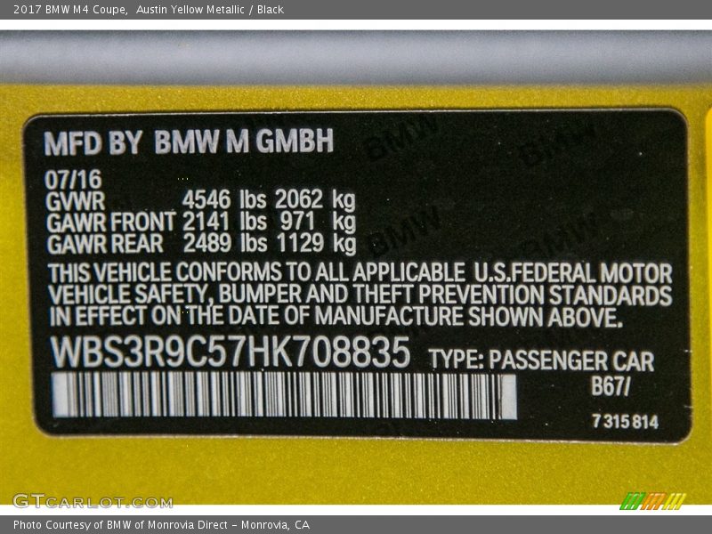 2017 M4 Coupe Austin Yellow Metallic Color Code B67