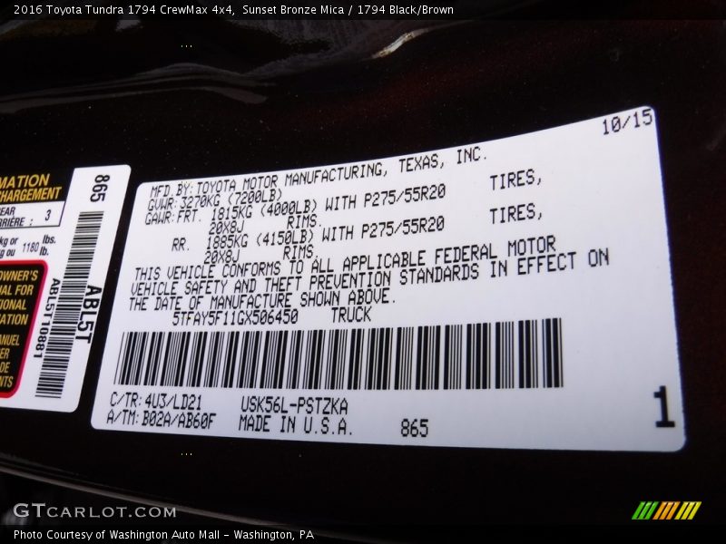 2016 Tundra 1794 CrewMax 4x4 Sunset Bronze Mica Color Code 4U3