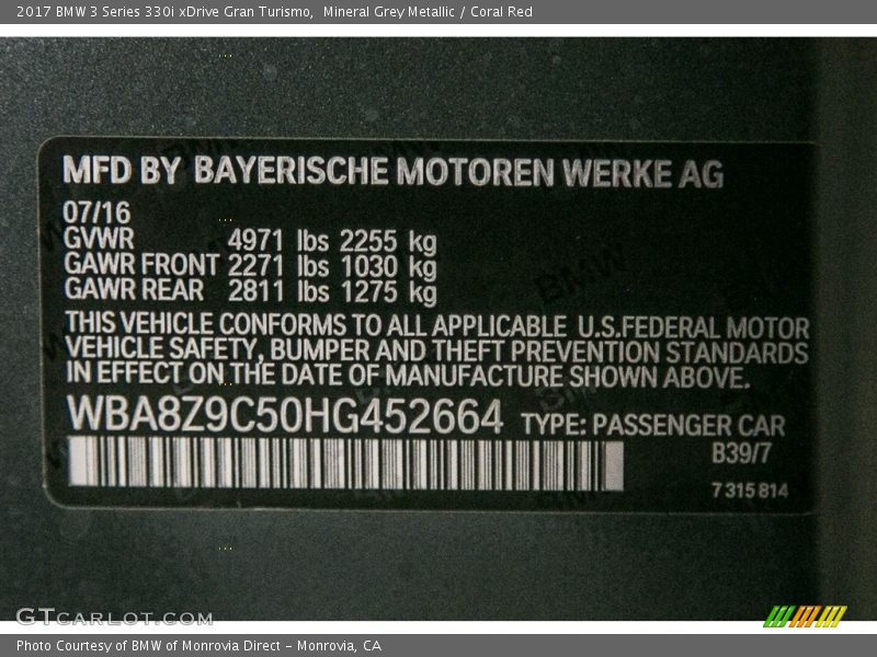2017 3 Series 330i xDrive Gran Turismo Mineral Grey Metallic Color Code B39