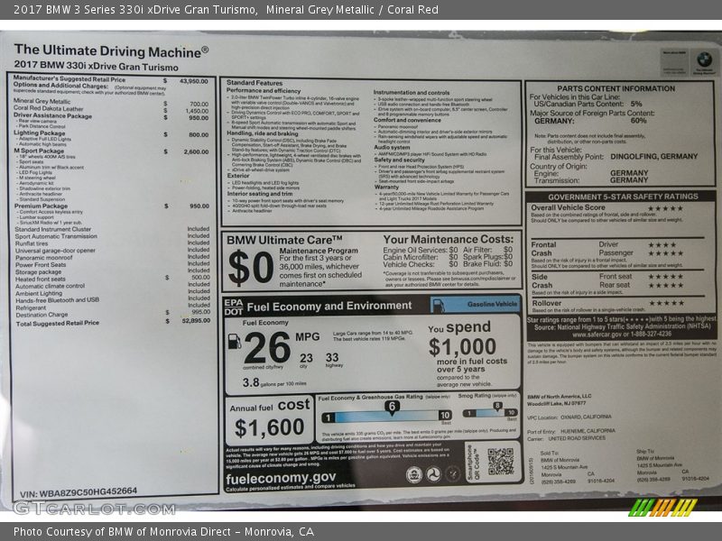  2017 3 Series 330i xDrive Gran Turismo Window Sticker