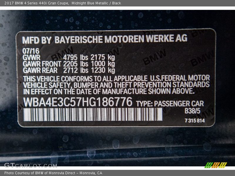 2017 4 Series 440i Gran Coupe Midnight Blue Metallic Color Code B38