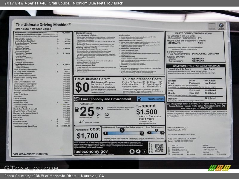  2017 4 Series 440i Gran Coupe Window Sticker