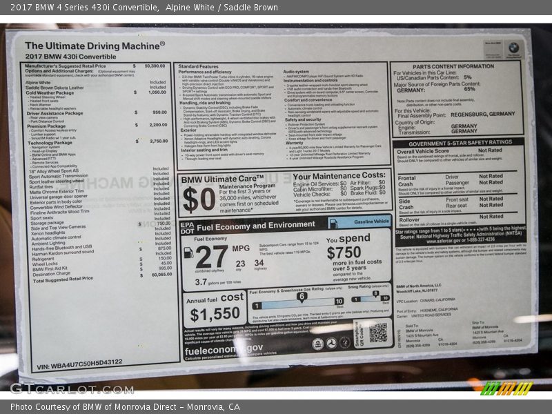  2017 4 Series 430i Convertible Window Sticker