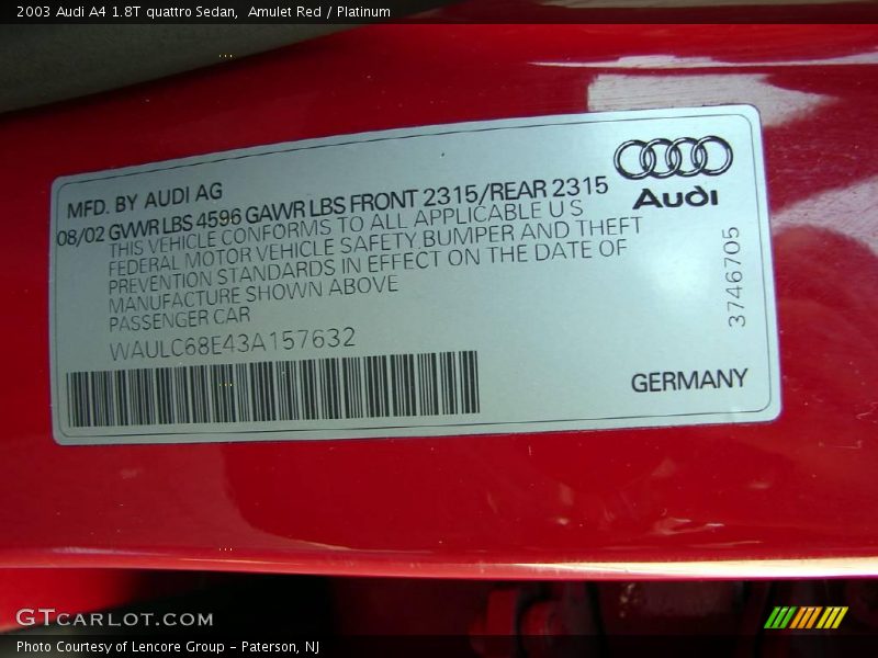 Amulet Red / Platinum 2003 Audi A4 1.8T quattro Sedan