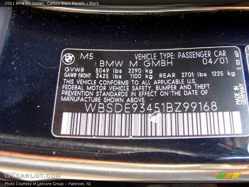 Carbon Black Metallic / Black 2001 BMW M5 Sedan