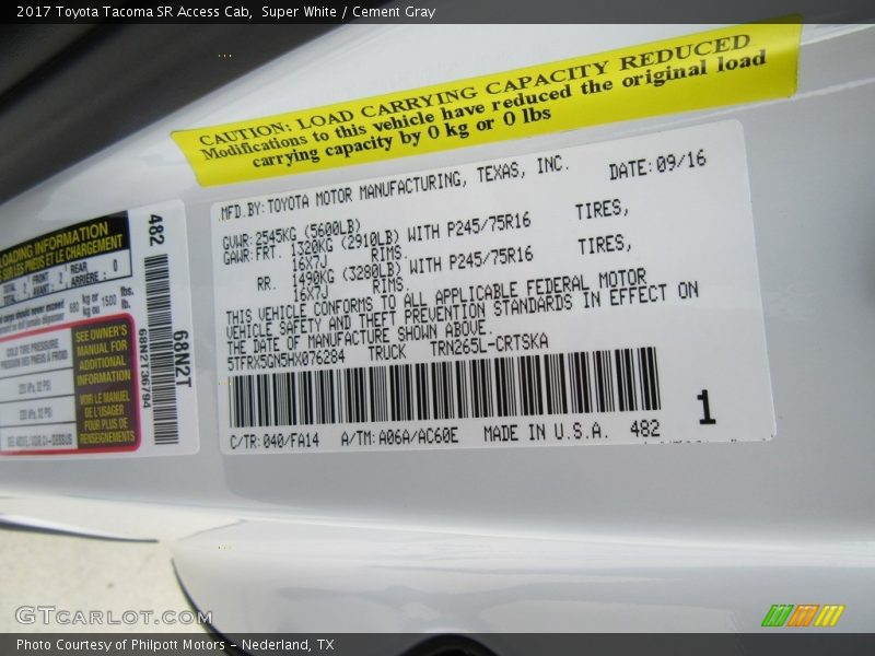 2017 Tacoma SR Access Cab Super White Color Code 040