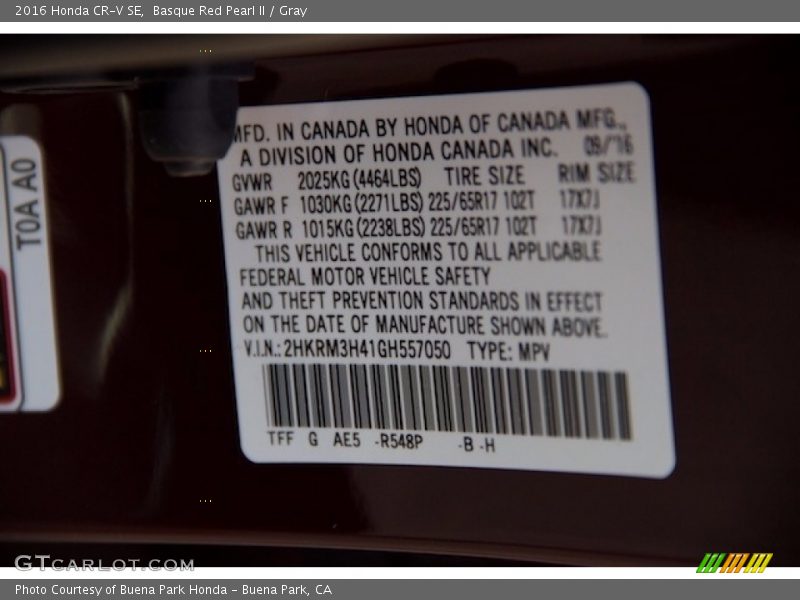 Basque Red Pearl II / Gray 2016 Honda CR-V SE