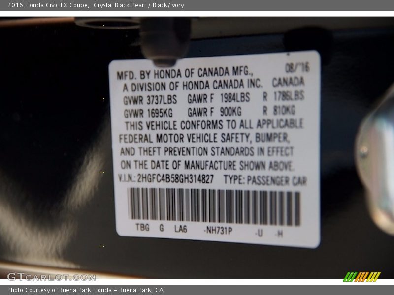 Crystal Black Pearl / Black/Ivory 2016 Honda Civic LX Coupe