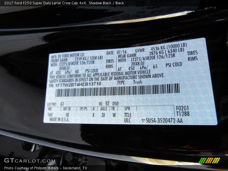 2017 F250 Super Duty Lariat Crew Cab 4x4 Shadow Black Color Code G1