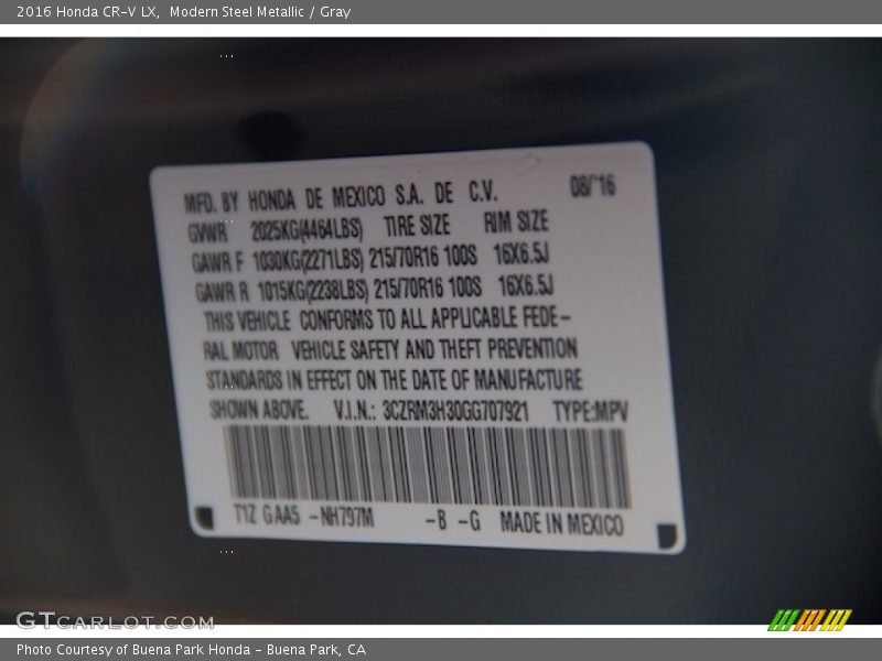 Modern Steel Metallic / Gray 2016 Honda CR-V LX